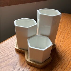 Ceramic Planters Bamboo Tray white Desktop Succulent pot 3 Piece Set minimalist